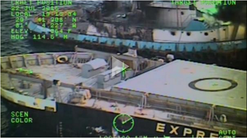 The tugboat Thomas Dann burns after a fire broke out Friday 8 miles east of Matanzas. A good Samaritan recovered the six crew members from a life raft. U.S. Coast Guard photo courtesy Air Station Clearwater.