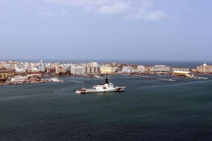 The Coast Guard Cutter James serves as a command and control platform in San Juan, Puerto Rico, Sept. 26, 2017. The cutter's crew deployed to aid in Hurricane Maria response operations and the ship's communications capabilities are being used to help first responders coordinate efforts. (Coast Guard photo) 