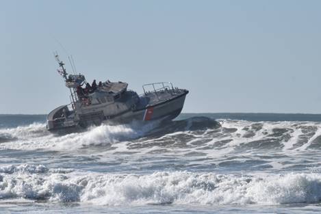 Coast Guard Station Golden Gate 47-foot Motor Lifeboat crews conduct surf training near Ocean Beach in San Francisco, California, Dec. 13, 2018. The crews train in high surf to ensure they are prepared to respond to maritime emergencies during rough weather conditions. (Coast Guard photo by Seaman Ryan Estrada) 
